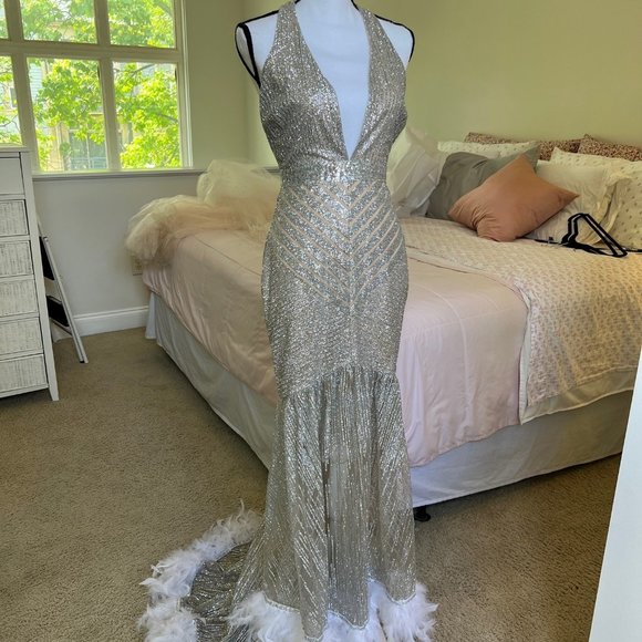 House of Jade Sky Sequin Party, Cocktail, Prom Dress with Feather Detail - Picture 1 of 12